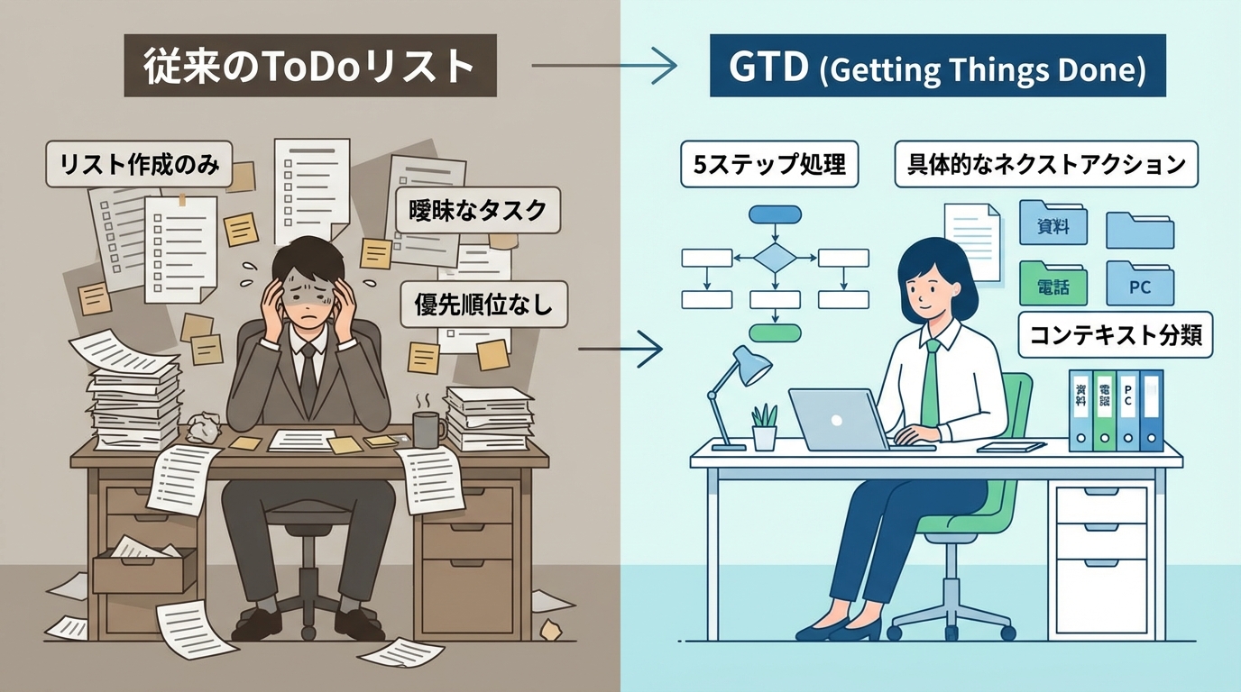 インフォグラフィック：GTD vs 従来のToDoリスト比較表 - 「従来」リスト作成のみ・曖昧なタスク・優先順位なし / 「GTD」5ステップ処理・具体的なネクストアクション・コンテキスト分類