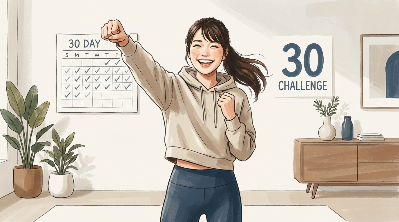 達成感に満ちた表情でガッツポーズをする若い女性