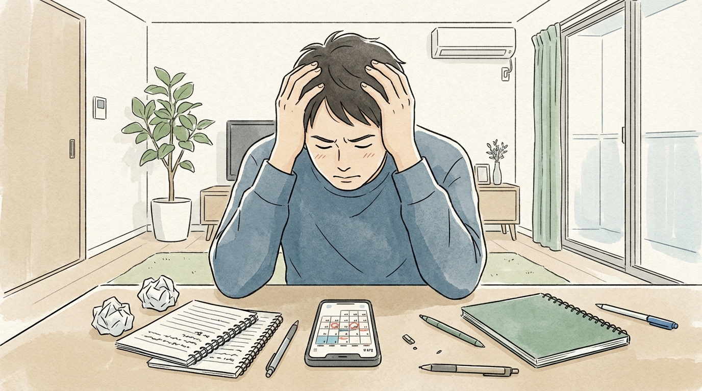 挫折して頭を抱える人のイメージ