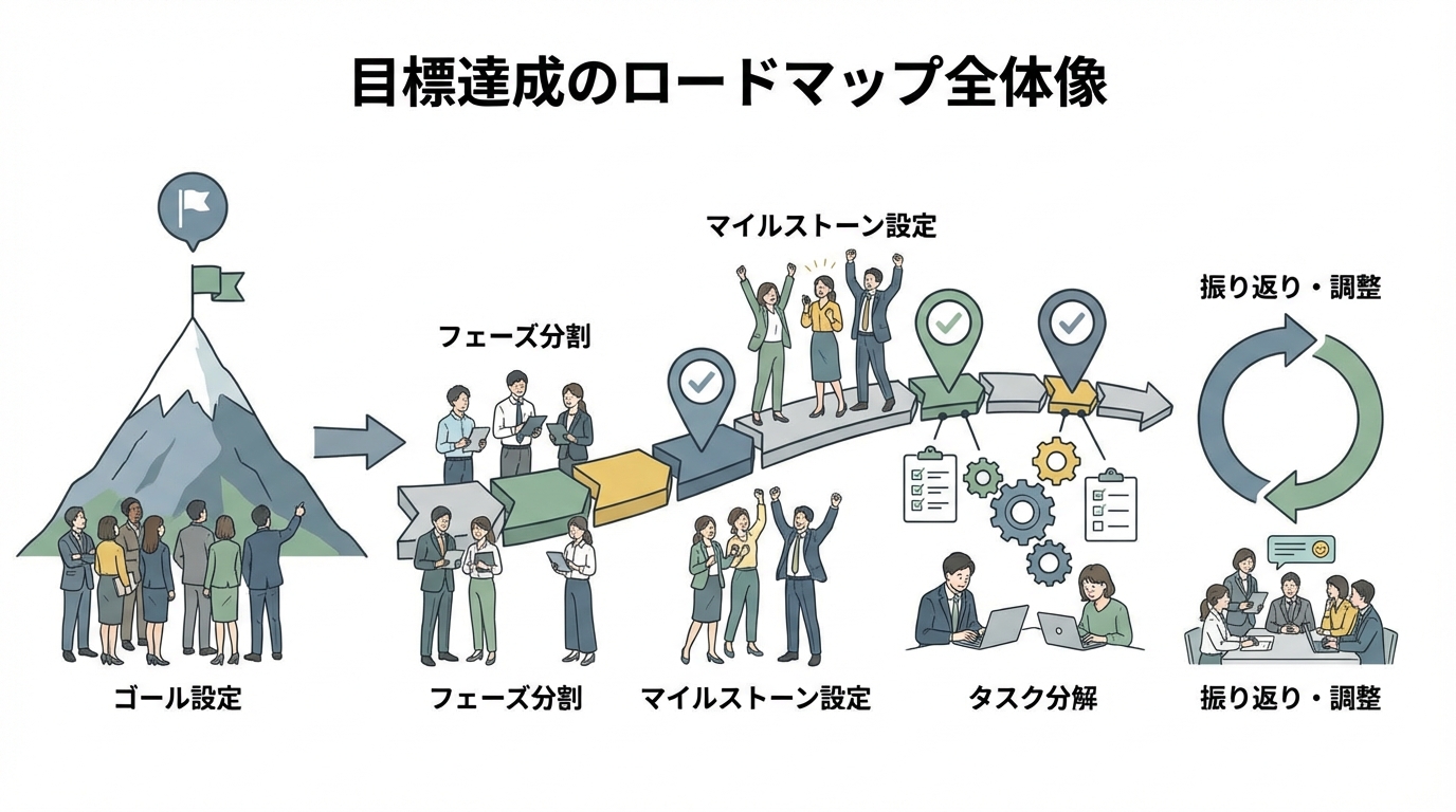 インフォグラフィック:「目標達成のロードマップ全体像」ゴール設定 → フェーズ分割 → マイルストーン設定 → タスク分解 → 振り返り・調整