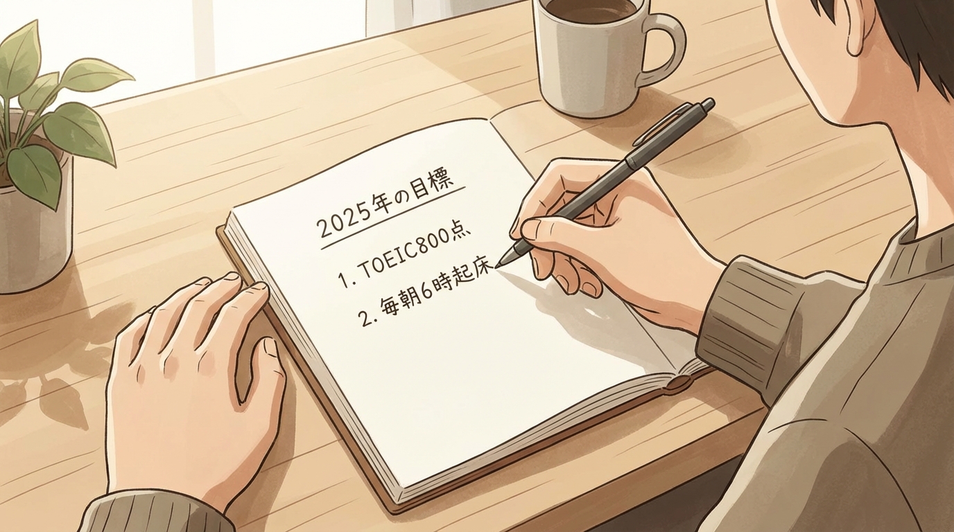 ノートに目標を書き込んでいる手元。ページには「2025年の目標」「1.TOEIC800点」「2.毎朝6時起床」と手書き