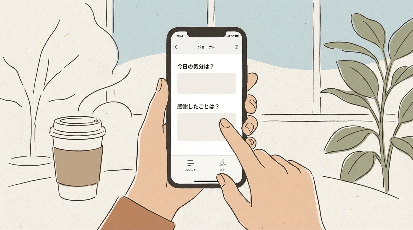 スマートフォンでジャーナリングアプリを操作する手元：どこでも手軽に内省を習慣化できる様子