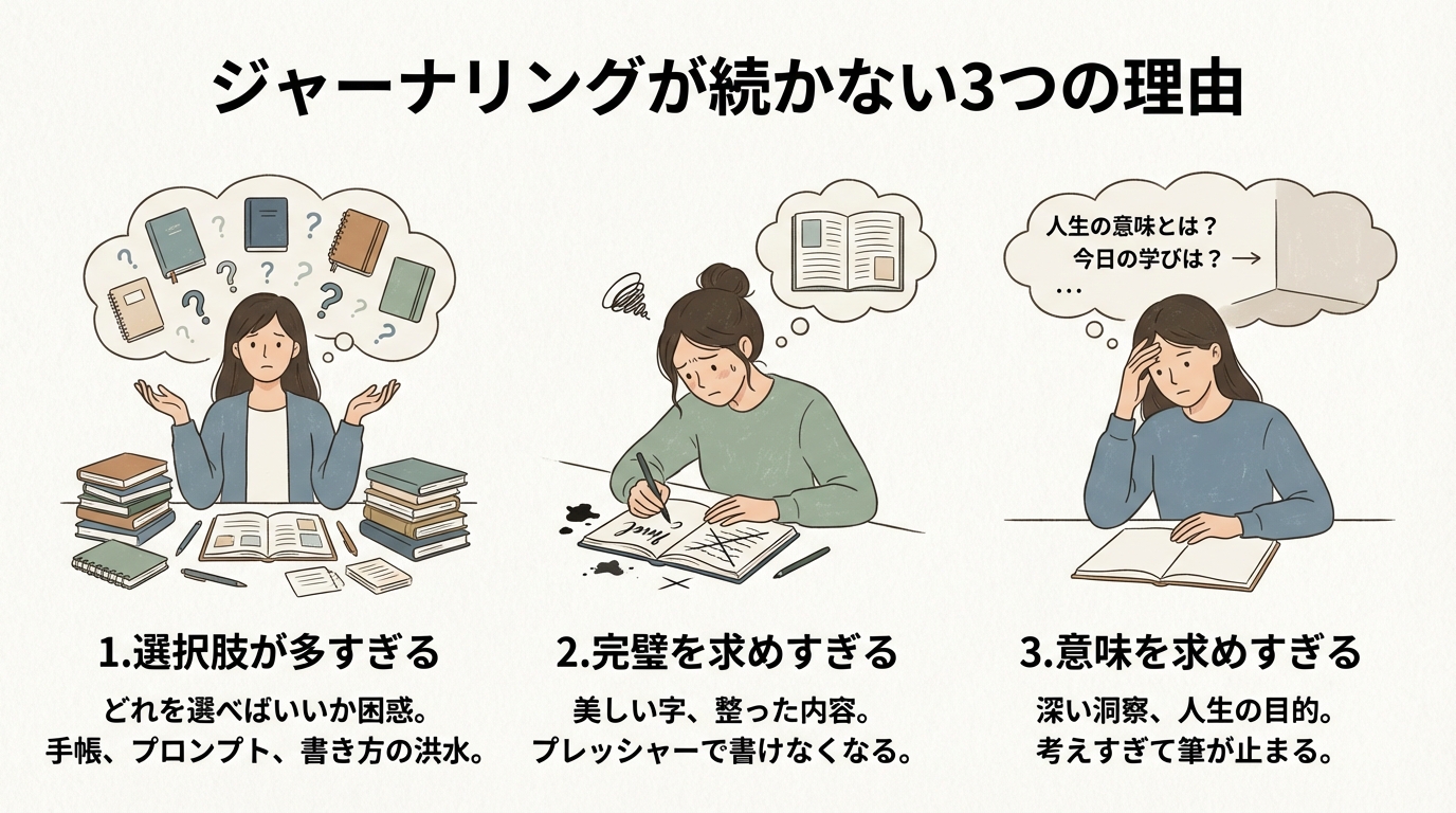 インフォグラフィック：「ジャーナリングが続かない3つの理由」1.選択肢が多すぎる 2.完璧を求めすぎる 3.意味を求めすぎる