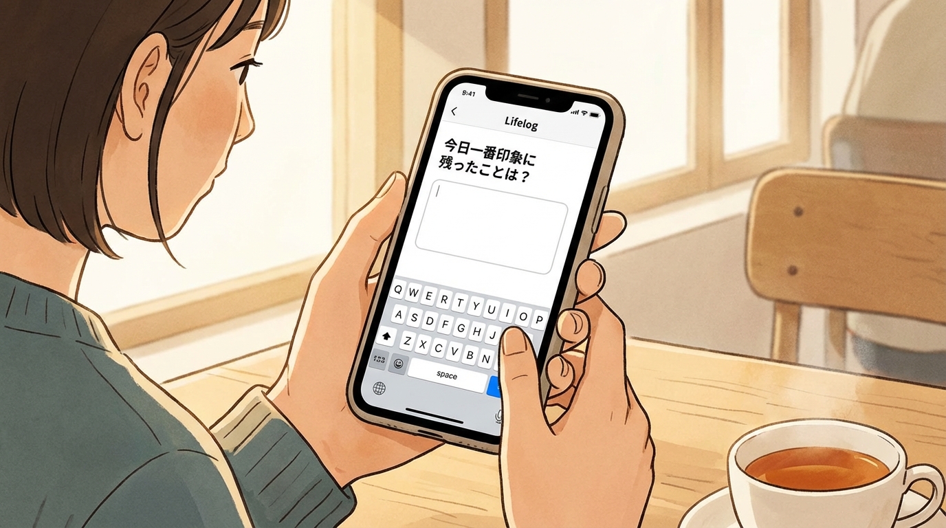Lifelogアプリのジャーナル機能画面：プロンプト質問「今日一番印象に残ったことは？」が表示され、その下にテキスト入力エリアがある