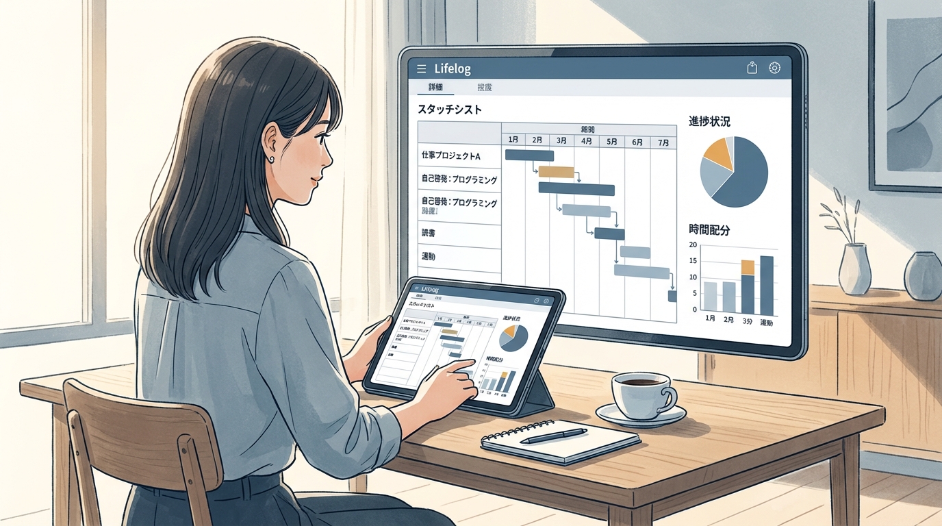 Lifelogアプリの統計画面でグラフを確認している様子