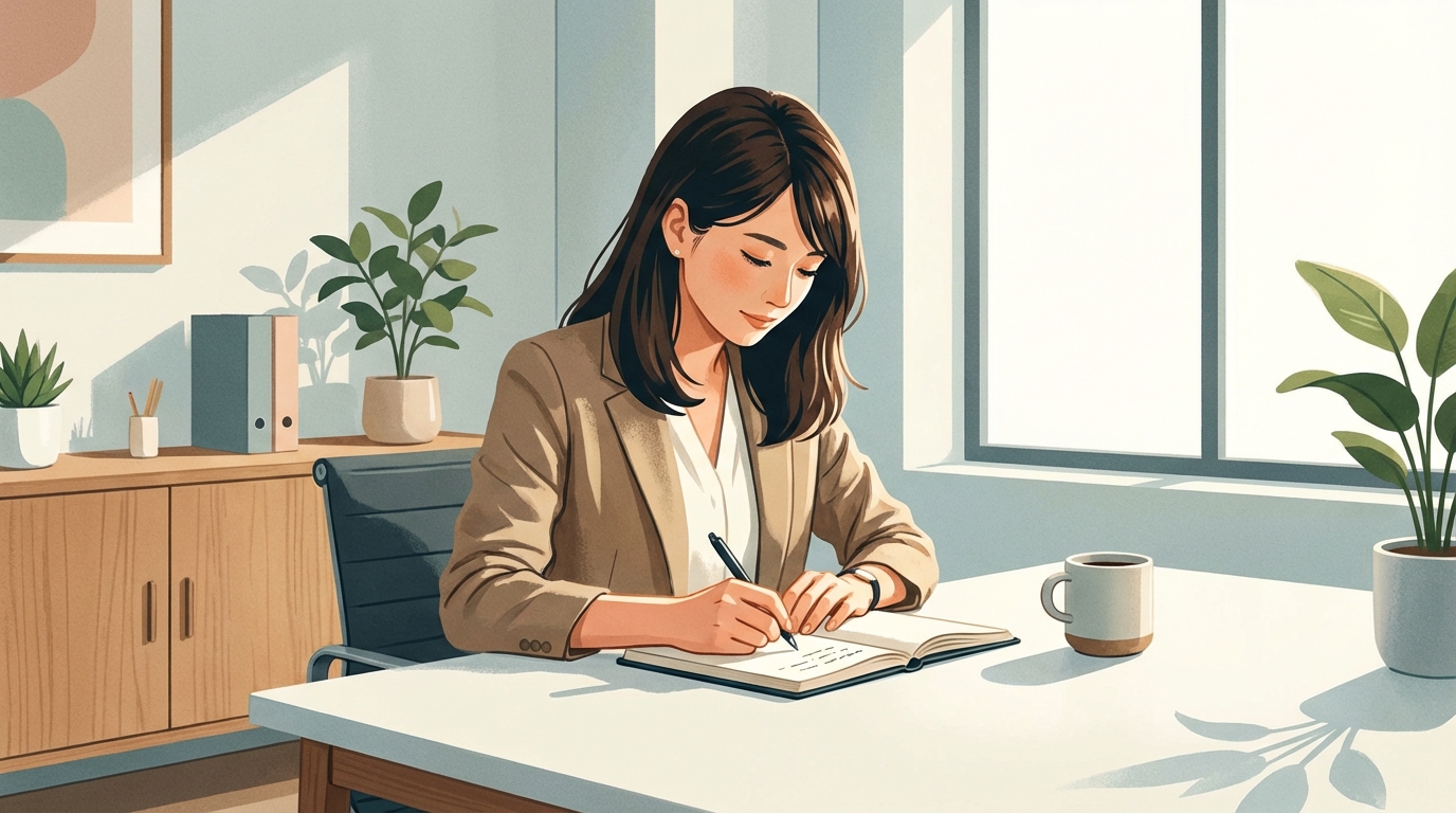 静かなオフィスのデスクで、ノートに向かって集中してジャーナリングをしているビジネスパーソン。コーヒーカップが横に置かれている