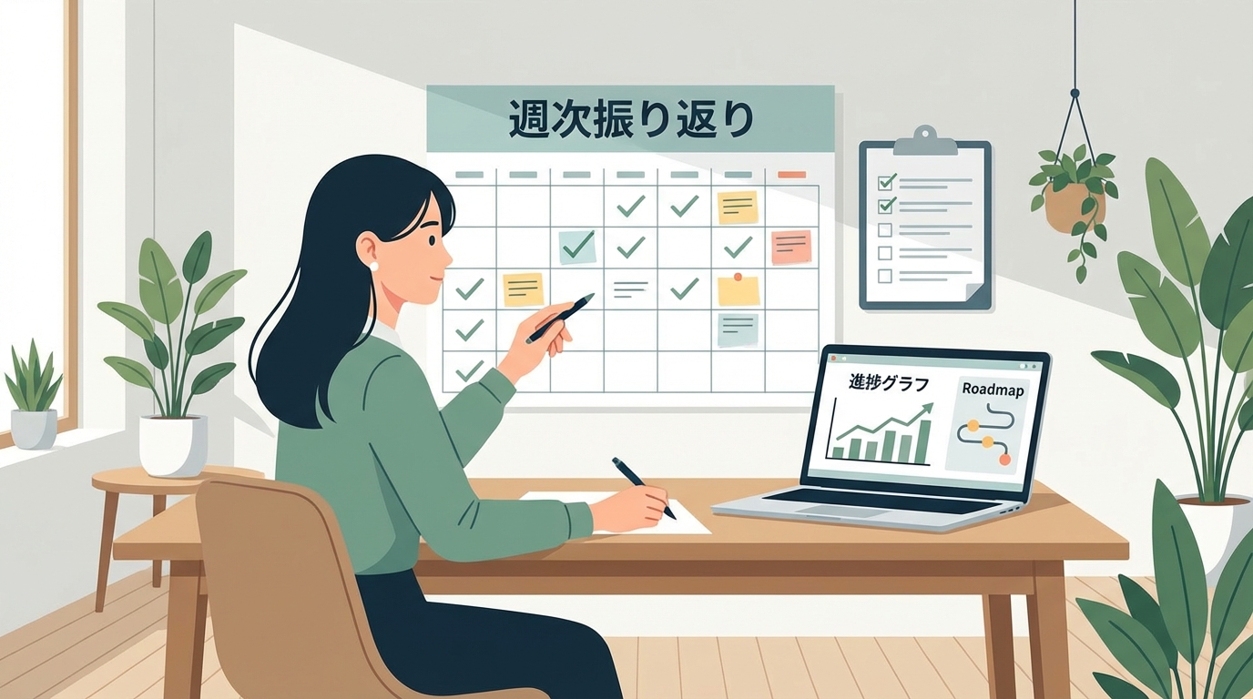 イメージ:カレンダーとチェックリストを見ながら週次振り返りをしている様子、進捗グラフが表示されたノートPC