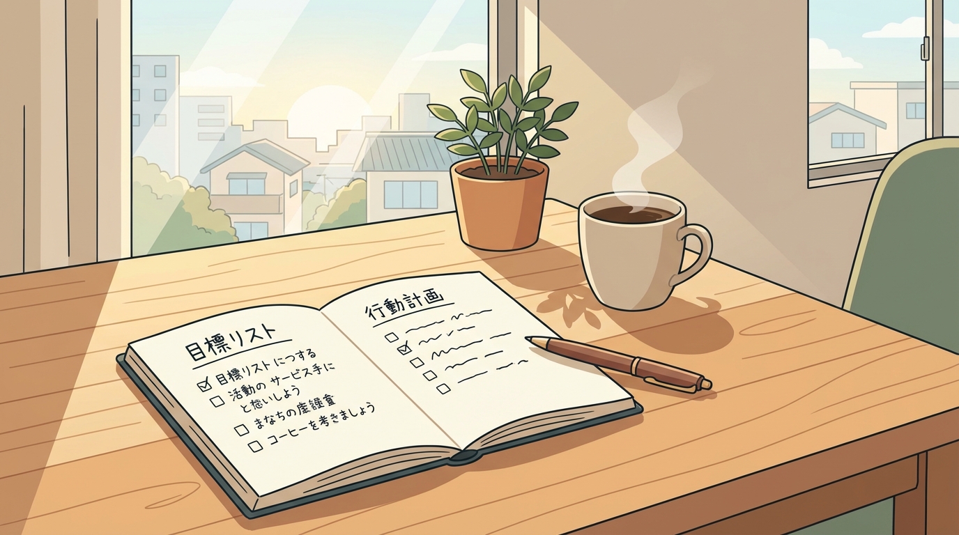 目標達成に向けたプランニング:ノート、ペン、コーヒーカップが並ぶ朝のデスク風景