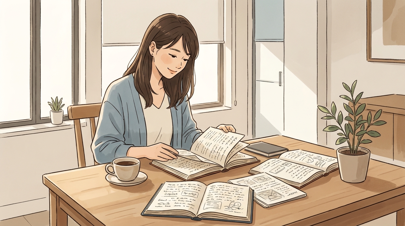 過去のノートを見返している様子