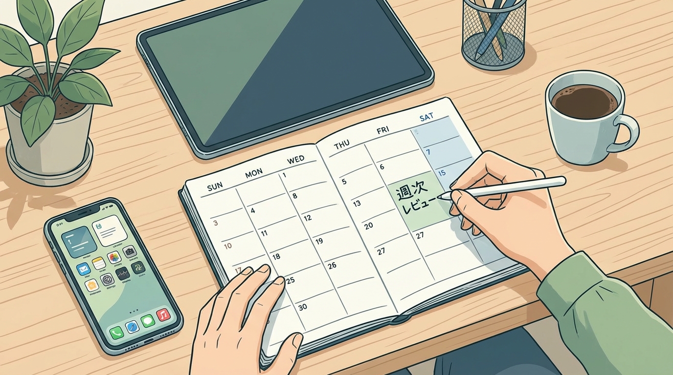 カレンダーに週次レビューの予定を入れているイメージ