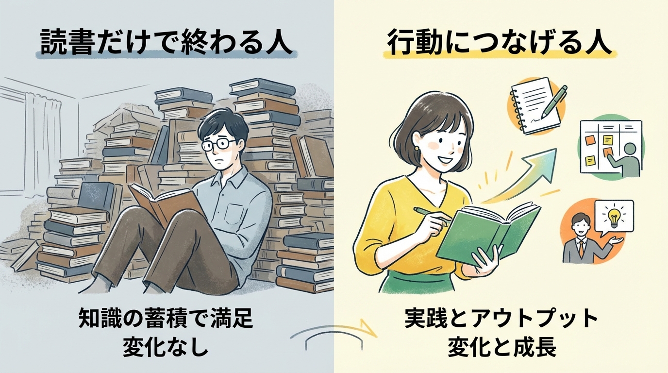 インフォグラフィック：「読書だけで終わる人」と「行動につなげる人」の違い。左側：本を積み重ねる人、右側：本から矢印が行動に伸びる人