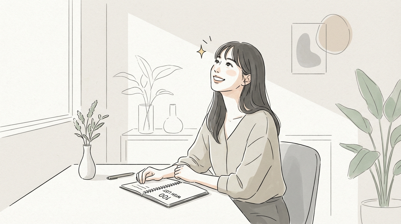 考え込んでいる女性がひらめくイメージ写真