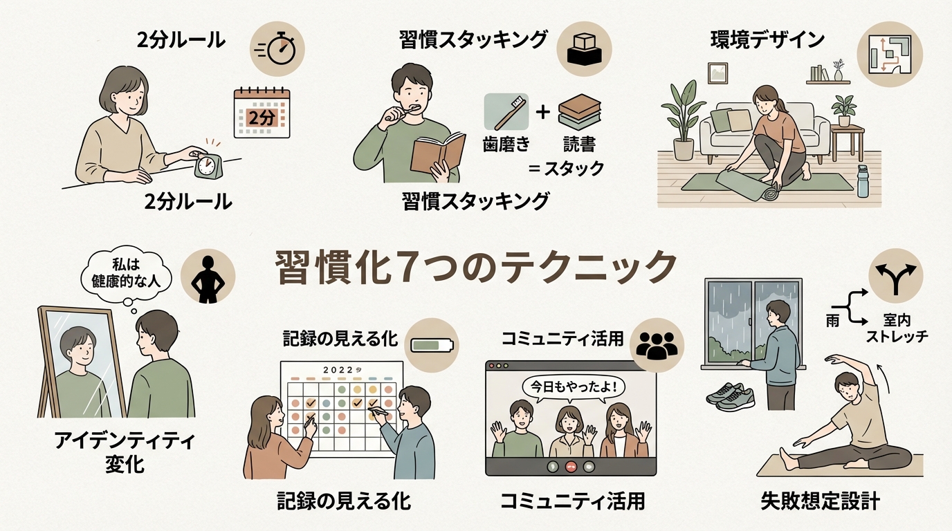 インフォグラフィック：「習慣化7つのテクニック」1.2分ルール 2.習慣スタッキング 3.環境デザイン 4.アイデンティティ変化 5.記録の見える化 6.コミュニティ活用 7.失敗想定設計