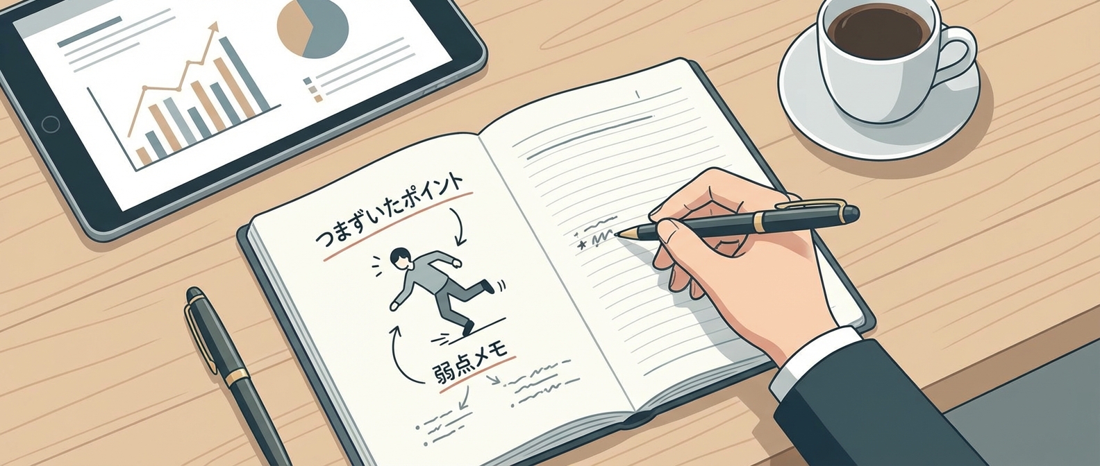ノートにつまずいたポイントをメモしている様子