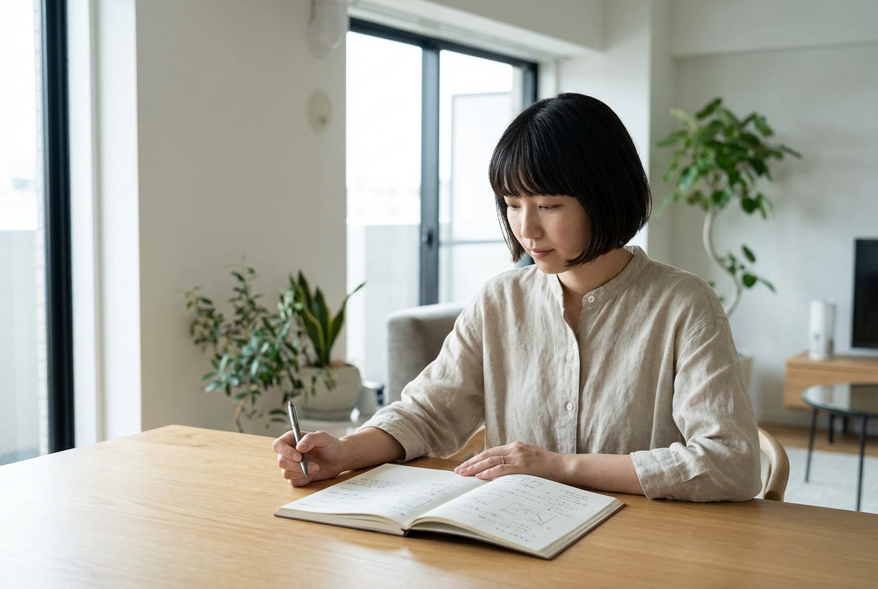 ノートを開いて振り返りをしている様子