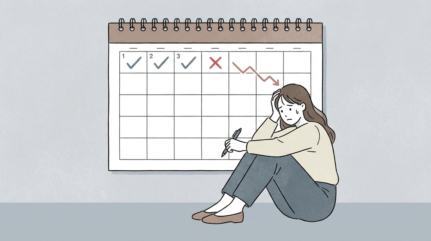 三日坊主で挫折してしまったイメージ（カレンダーの3日目で止まっているチェックマーク）