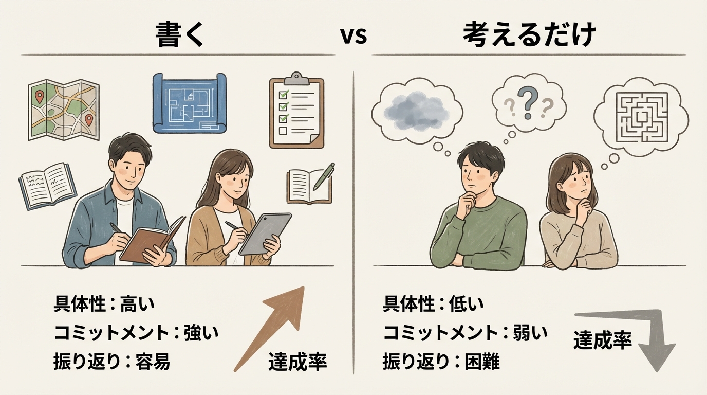 インフォグラフィック：「書く」vs「考えるだけ」の比較表。具体性：書く=高い/考えるだけ=低い、コミットメント：書く=強い/考えるだけ=弱い、振り返り：書く=容易/考えるだけ=困難