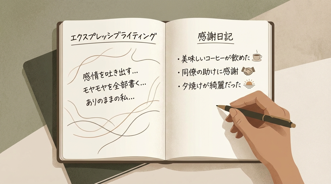 見開きのノートに様々なジャーナリング手法が書かれている様子：左ページにはエクスプレッシブライティング、右ページには感謝日記の例