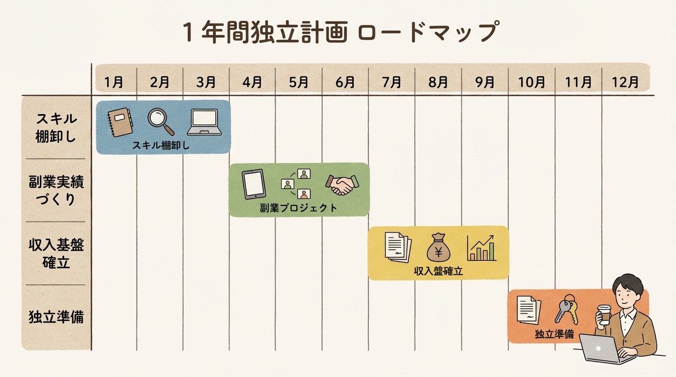 インフォグラフィック：1年間の独立計画ロードマップ。横軸に12ヶ月のタイムライン、縦軸に4つのフェーズ「スキル棚卸し」「副業実績づくり」「収入基盤確立」「独立準備」を配置したガントチャート形式