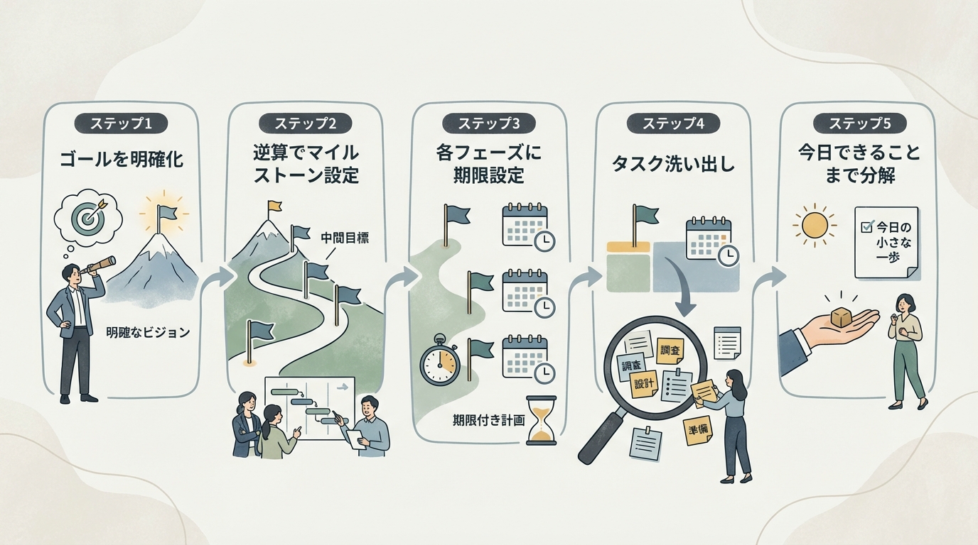 インフォグラフィック：フェーズ分解5ステップの流れ図。「ステップ1 ゴールを明確化」「ステップ2 逆算でマイルストーン設定」「ステップ3 各フェーズに期限設定」「ステップ4 タスク洗い出し」「ステップ5 今日できることまで分解」を矢印でつないだフロー