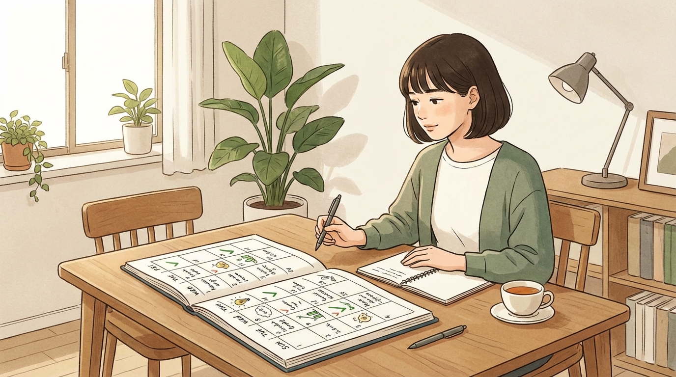 カレンダーで週間の振り返りをする様子