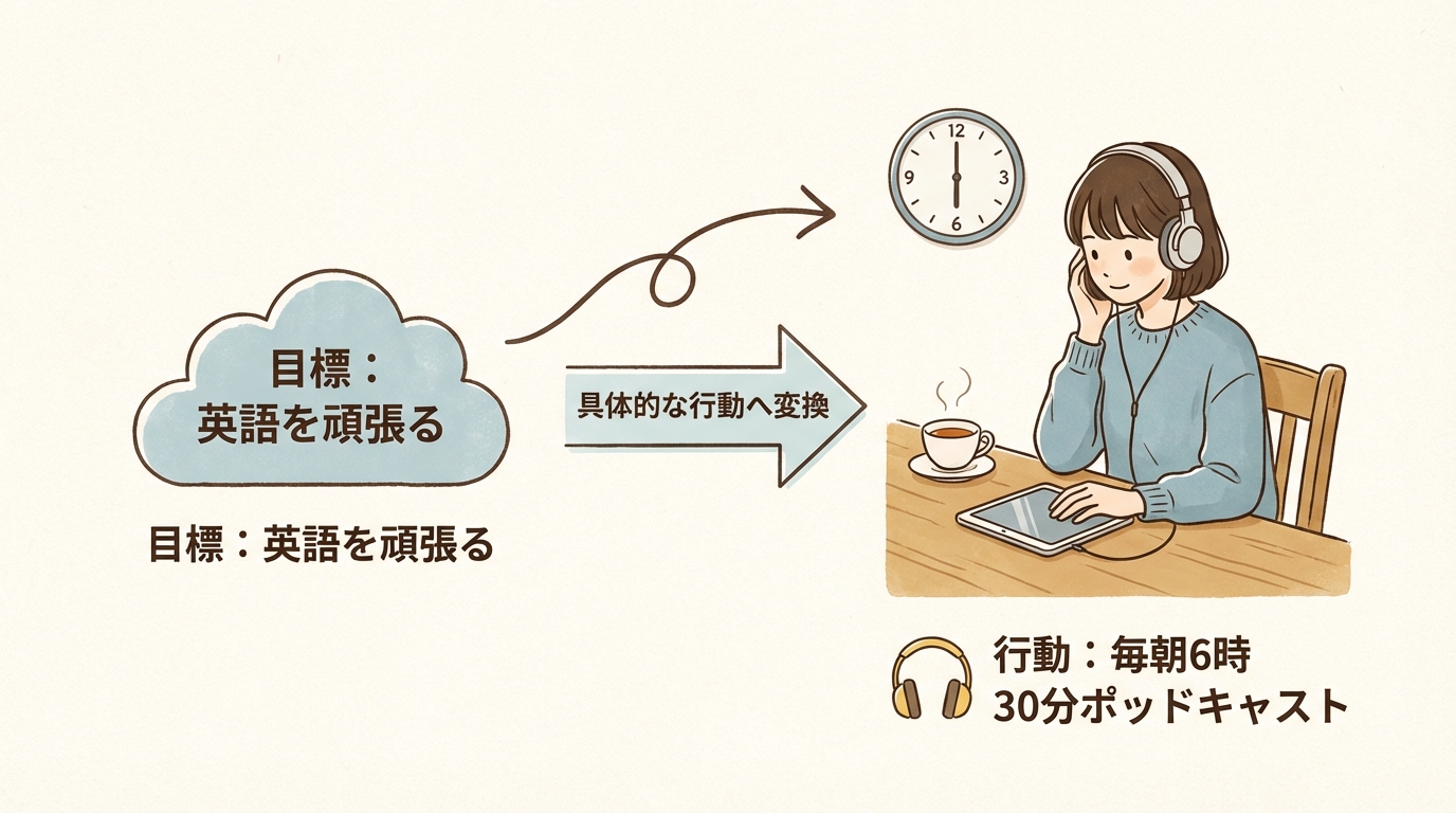 インフォグラフィック：目標を具体的な行動に変換する例「英語を頑張る」&rarr;「毎朝6時に30分ポッドキャストを聴く」の比較図