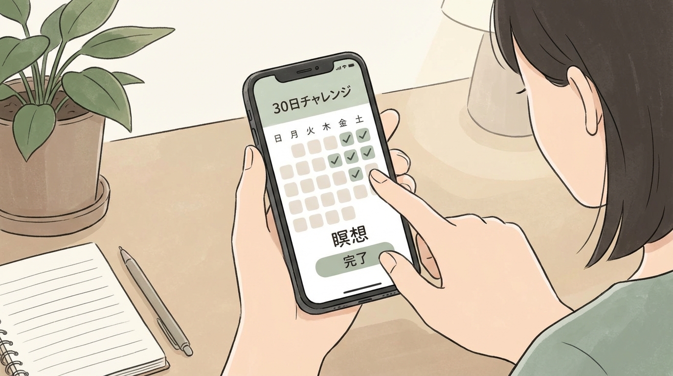 スマートフォンで習慣トラッキングアプリを操作している手元
