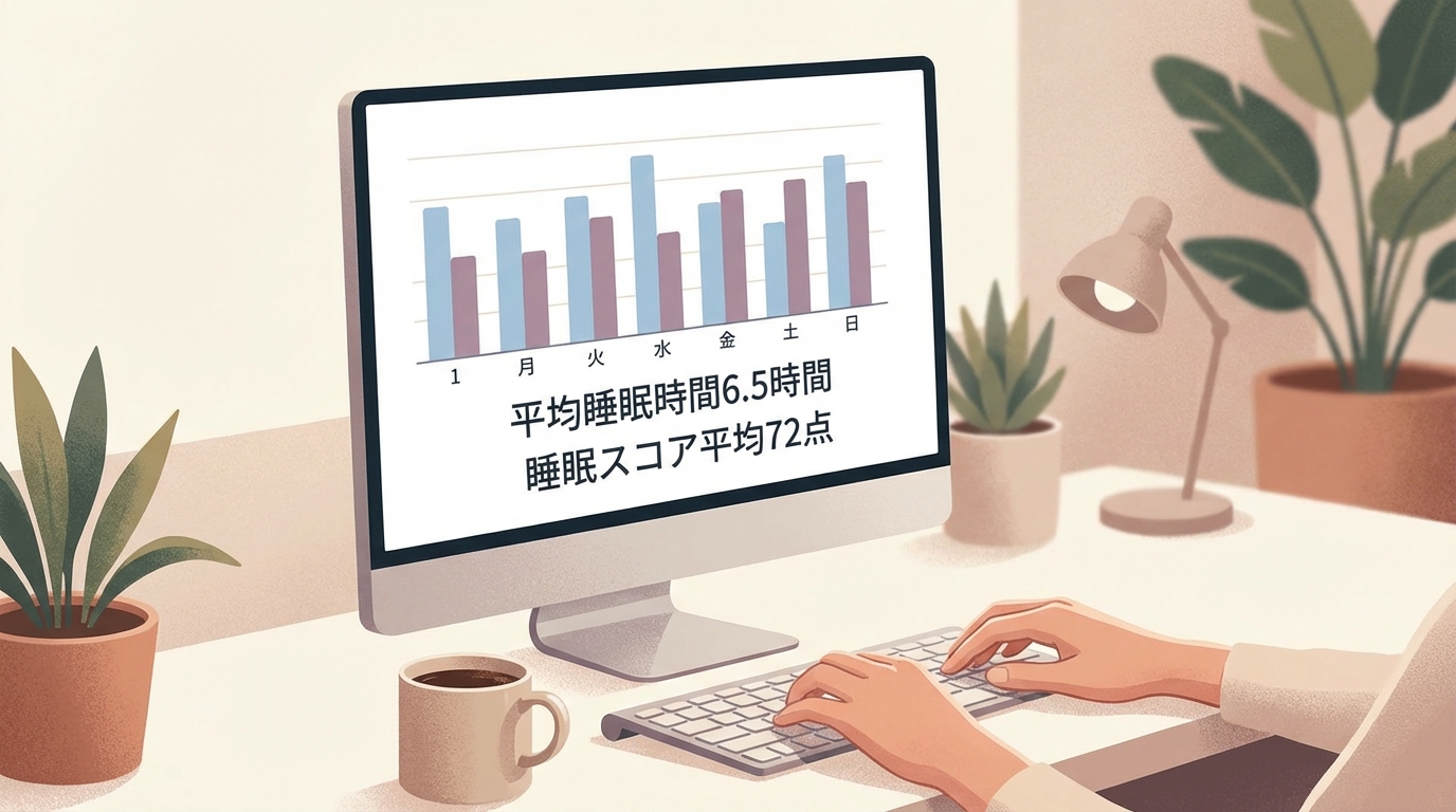 睡眠データ分析のイメージ：PCモニターに1週間分の睡眠グラフが表示され、「平均睡眠時間6.5時間」「睡眠スコア平均72点」のテキストが見える