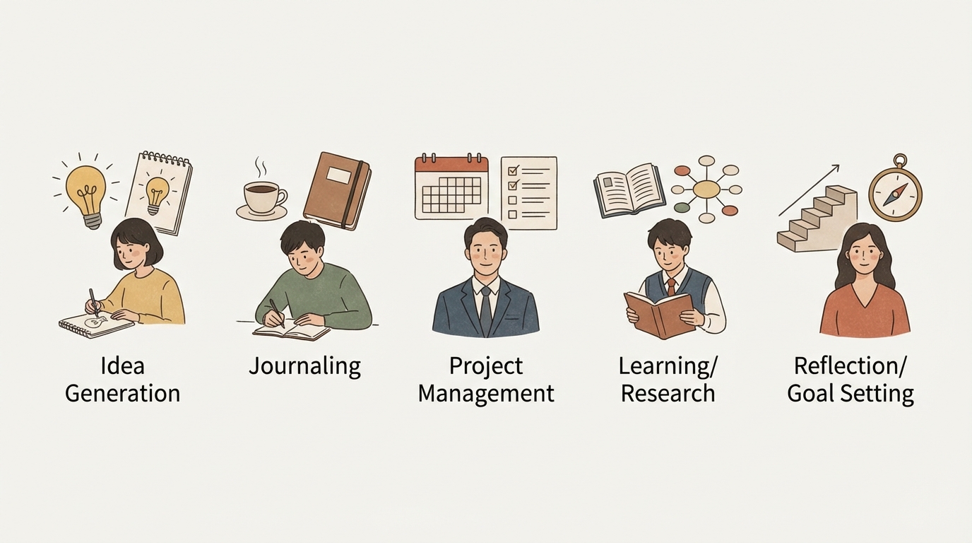 5種類のノートの使い方を示すアイコン一覧