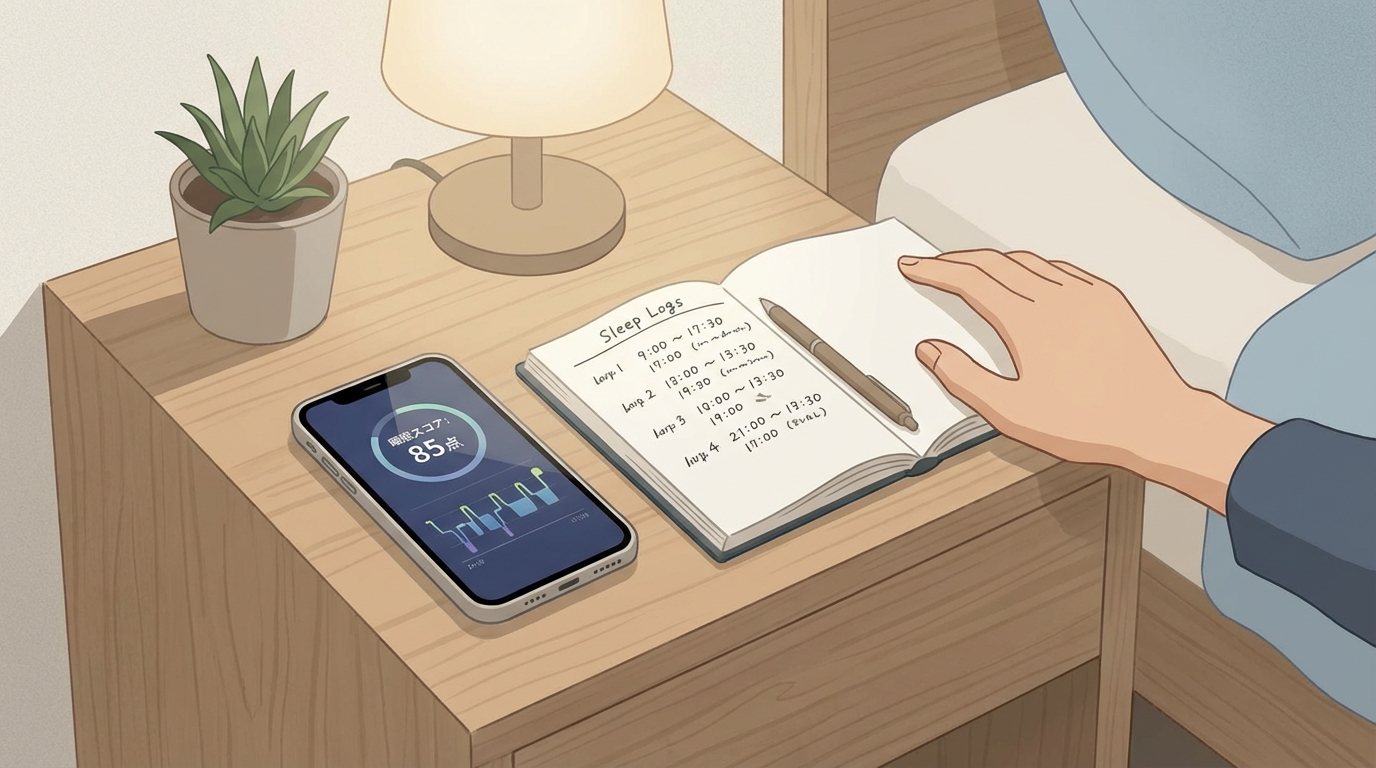 睡眠記録のイメージ：ベッドサイドテーブルの上にスマートフォンとノート、ペンが置かれ、スマートフォン画面には睡眠スコア「85点」と表示されている