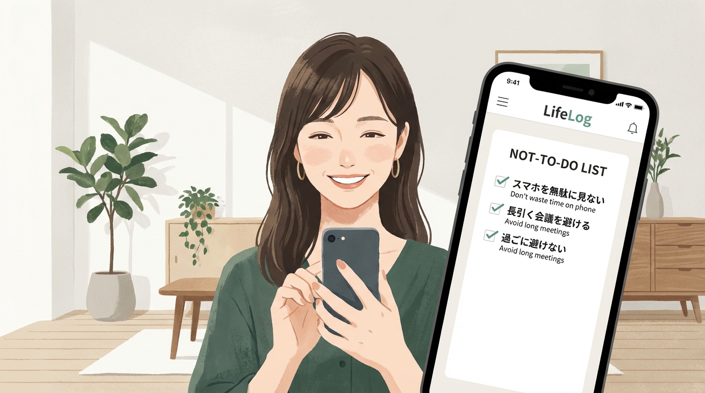 LifeLogアプリの画面イメージまたはスマホを持つ笑顔の女性