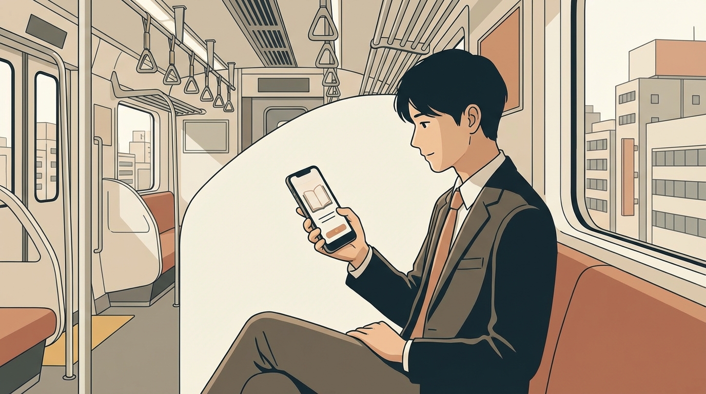 電車内でスマートフォンを見ている通勤中のビジネスパーソン