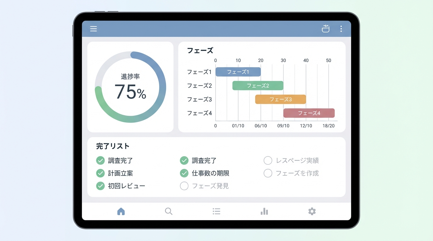 アプリ画面イメージ：ダッシュボード上に進捗率75%の円グラフ、4つのフェーズが表示されたガントチャート、完了タスクのチェックリストが並んでいる画面