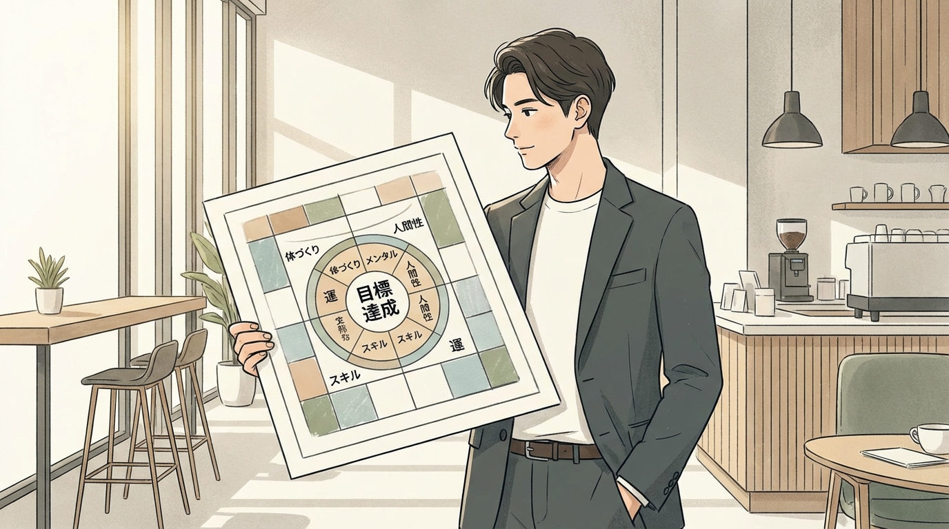 目標達成を目指すビジネスパーソンがマンダラチャート（81マスの目標シート）を手に持っているイメージ画像