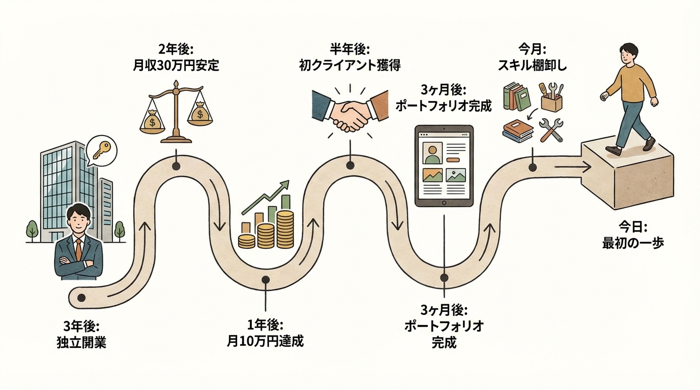 インフォグラフィック:「逆算思考の流れ」3年後:独立開業 → 2年後:月収30万円安定 → 1年後:月10万円達成 → 半年後:初クライアント獲得 → 3ヶ月後:ポートフォリオ完成 → 今月:スキル棚卸し → 今日:最初の一歩