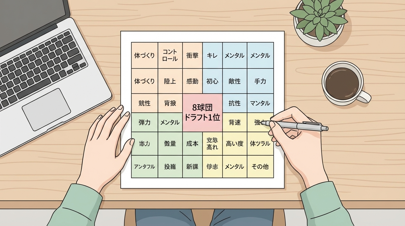 デスクでマンダラチャートを作成中の様子：ペンを持ち、81マスのシートに目標を書き込んでいる手元のイメージ