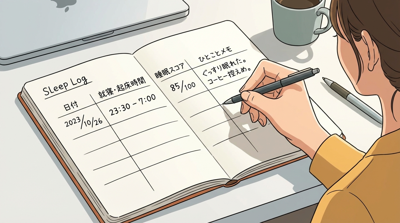 睡眠記録フォーマットのサンプル画像：手書きノートに「日付」「就寝・起床時間」「睡眠スコア」「ひとことメモ」の4項目が並んだシンプルなテンプレート