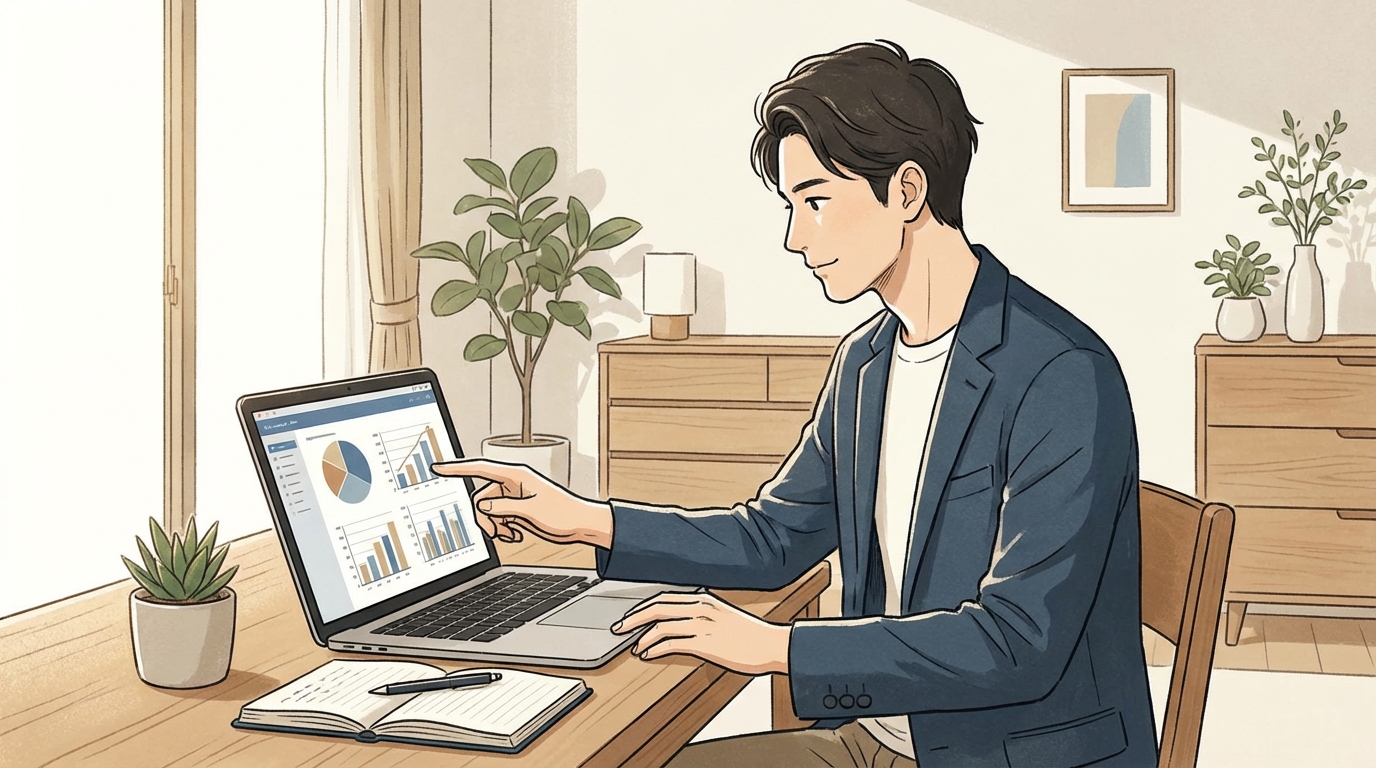 ノートパソコンでデータを確認するビジネスパーソン