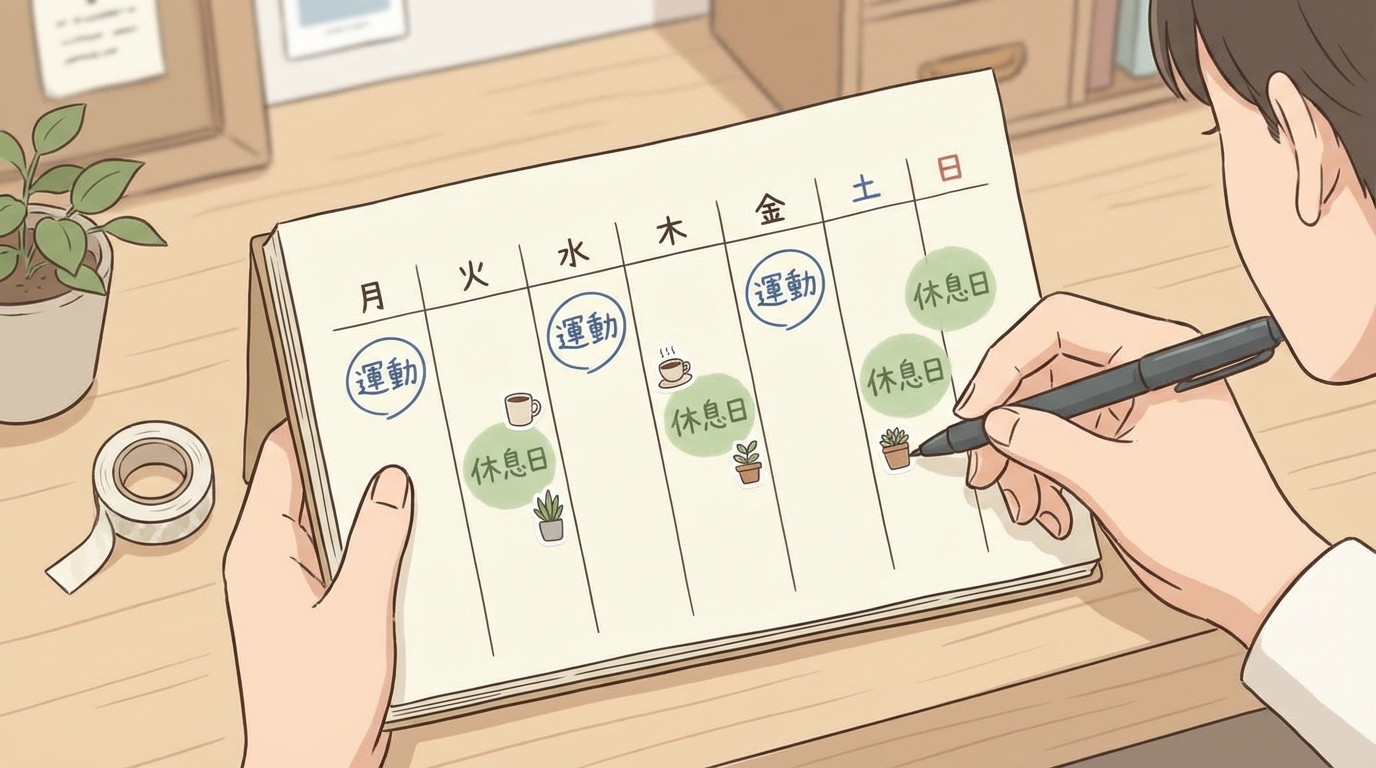 カレンダーに休息日をマーキングしているイラスト:週間カレンダーに「運動」と書かれた日と「休息日」と書かれた日がバランスよく配置されている