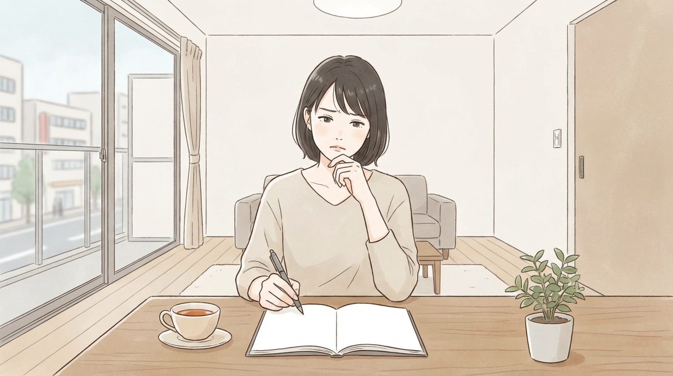 ノートとペンを前に考え込む様子：ジャーナリングの「何を書けばいいかわからない」という悩みを表現