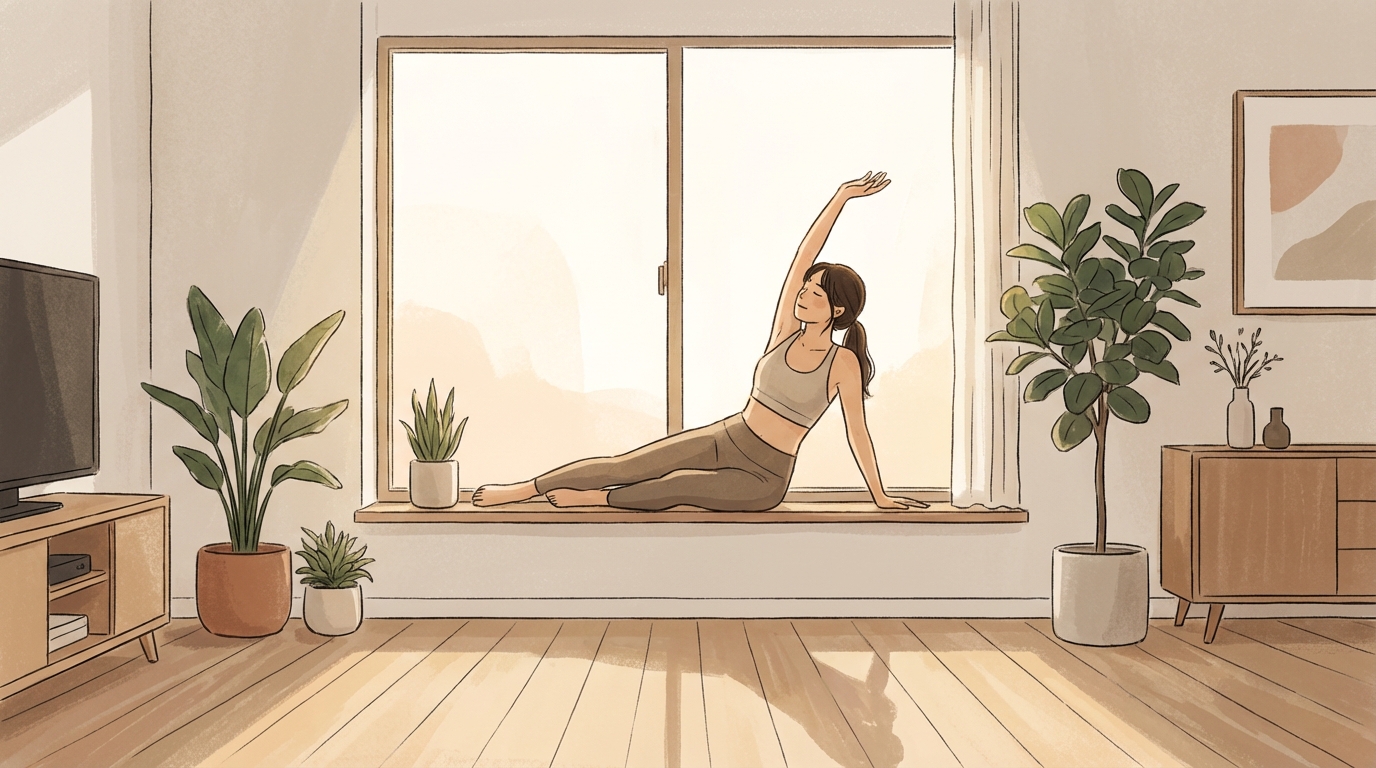 朝日を浴びながらストレッチをする様子