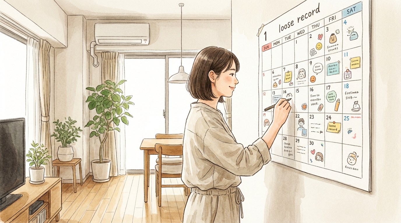 カレンダーに記録をつけている様子