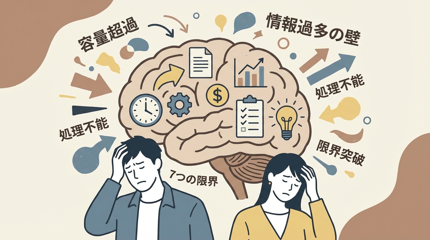 イラスト：脳の情報処理の限界を示す図。7つの項目を超えると脳がオーバーフローしている様子を表現