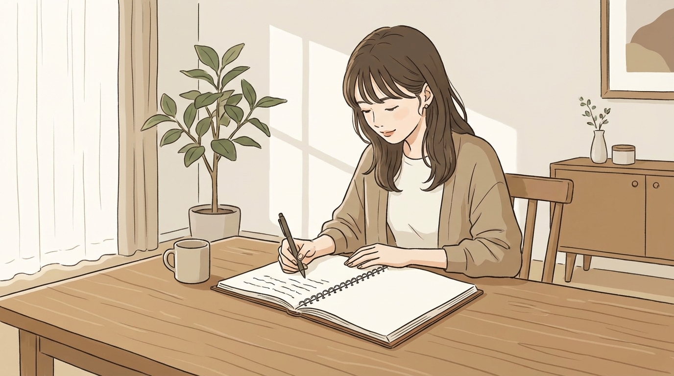 ノートに向かってアイデアを書き出している女性のイメージ写真