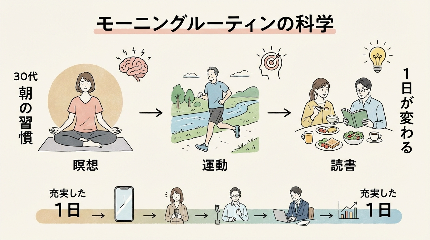 成功者たちの朝のルーティンを示すインフォグラフィック風イラスト