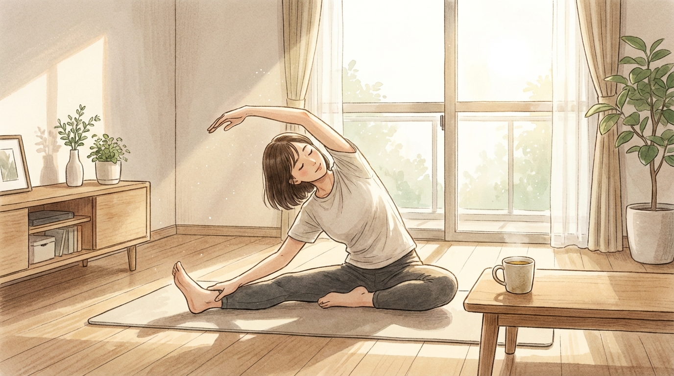 早朝の静かなリビングでヨガマットの上でストレッチをする女性。窓からは朝日が差し込み、傍らにはハーブティーが置かれている
