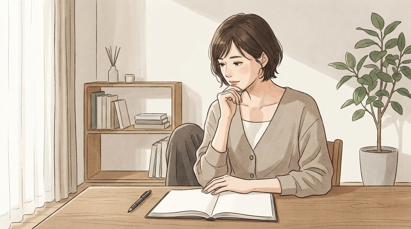 ノートとペンを前に悩む人のイメージ