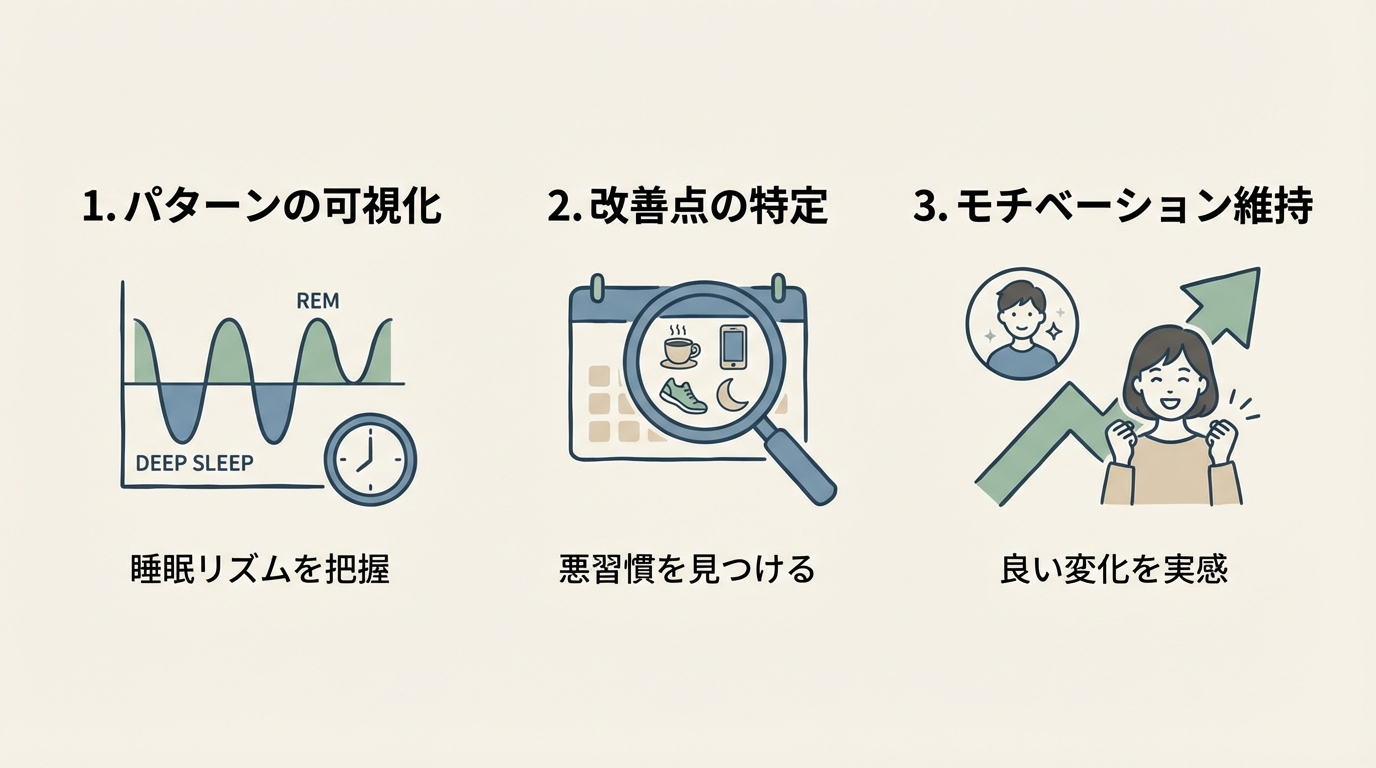 インフォグラフィック：睡眠ログの3つの効果を示す図。左から「1. パターンの可視化」（グラフアイコン）、「2. 改善点の特定」（虫眼鏡アイコン）、「3. モチベーション維持」（上昇矢印アイコン）が横に並ぶ