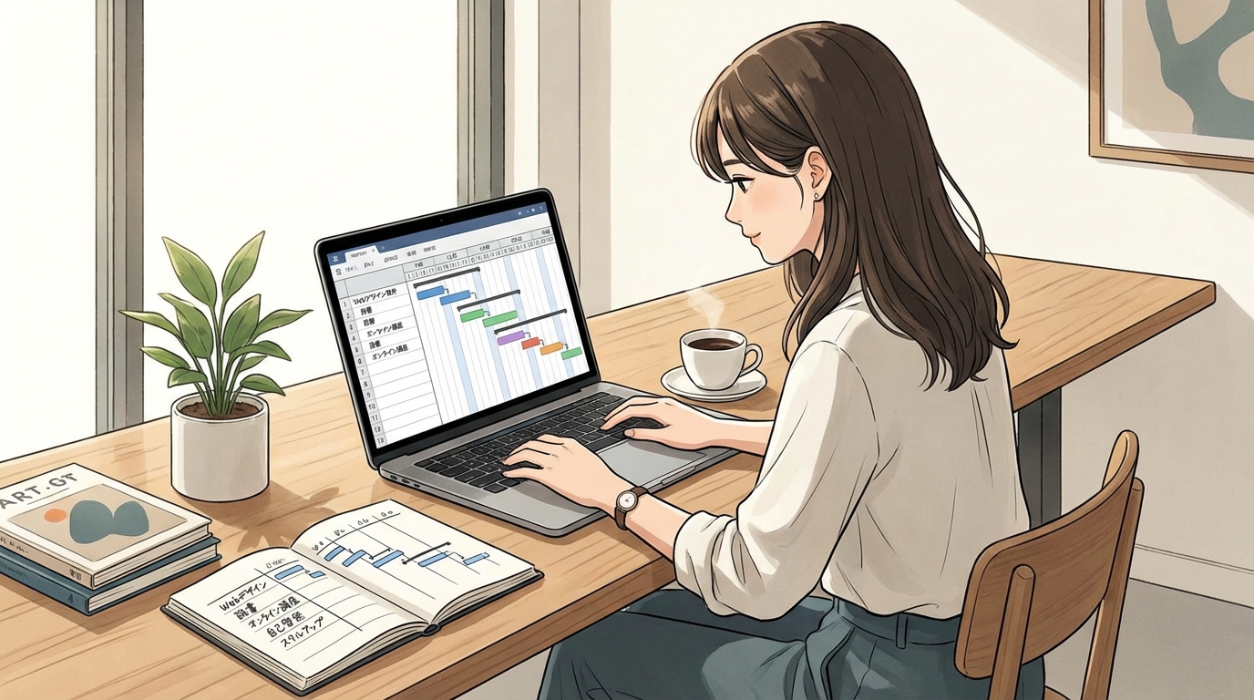 フリーランスデザイナーがカフェでノートパソコンを使って作業している様子