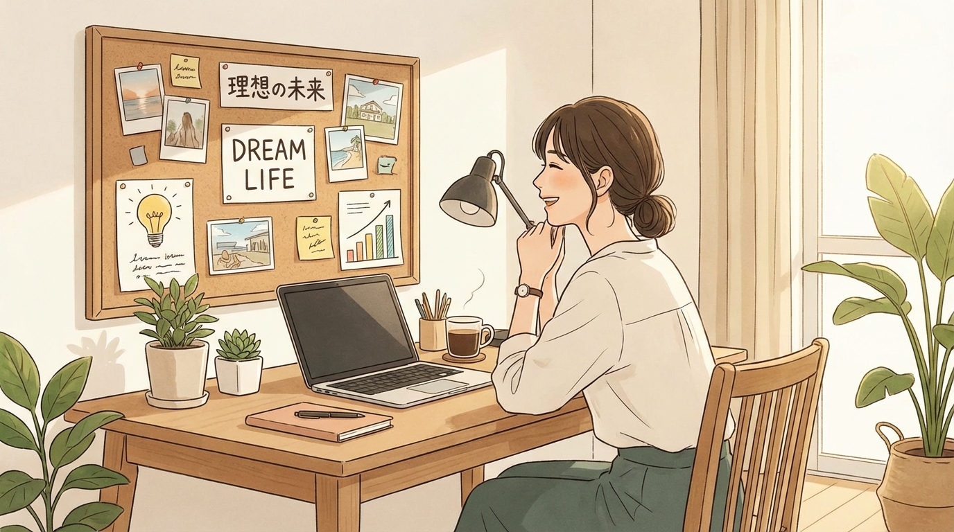 デスクにビジョンボードを飾っている様子のイラスト